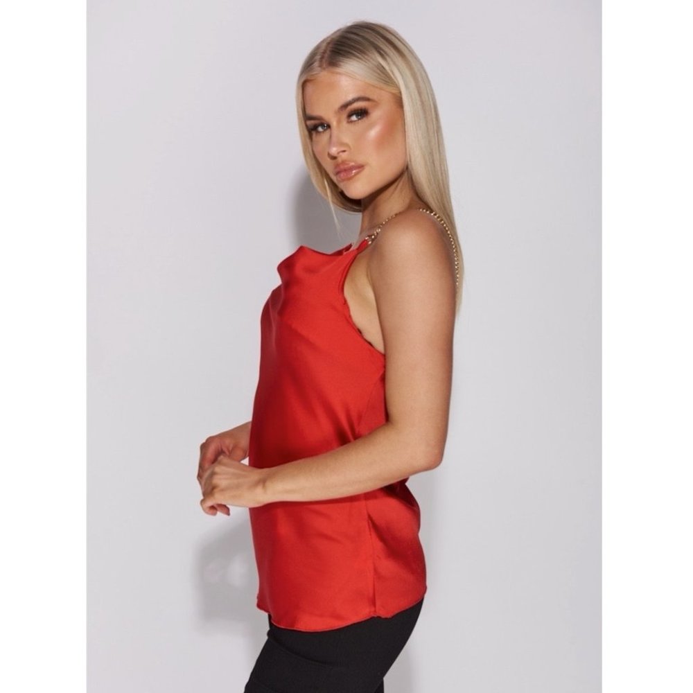 Red Satin Silk Sleeveless Chain Strap Cowl Neck Top Blouse - Picture 3 of 11